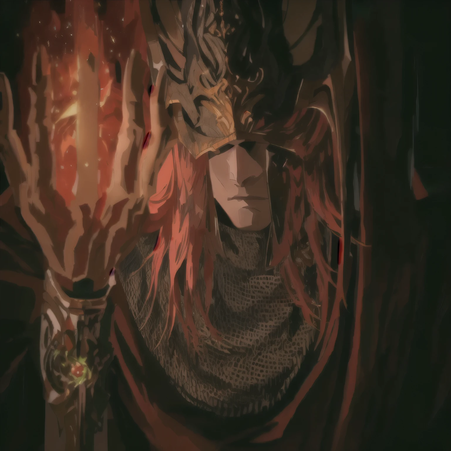 elden ring boss with a helmet, redhair holding a fire ball in his right hand
