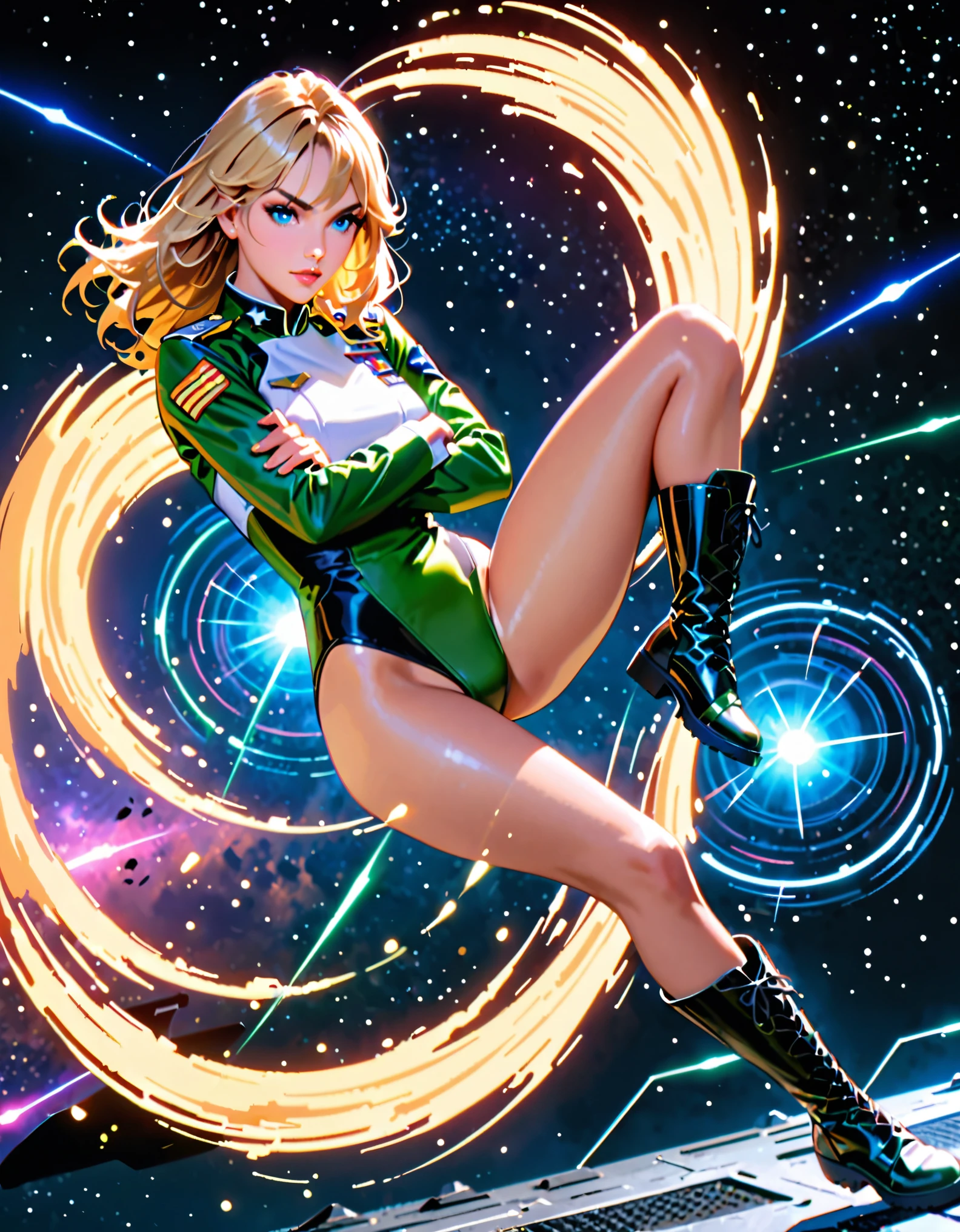 best quality, masterpiece, highres, solo, solo focus, 1lady, semi-realistic, floating, legs straight, standing on one leg, blonde hair, blue eyes, beautiful detailed eyes, beautiful detailed face, (perfect hands),  us military officer, dressed in a green and white leotard, outer space backdrop, neon edge lighting, highly detailed, professional,  legs, matching boots, ankle-high boots, full body shot, medium hair, hair down, crossed arms, (spins fast) in place like a (tornado), (spins) into a (cyclone). (dynamic spinning pose), spiral lines, diffraction spikes, light particles, spinning energy pulse.