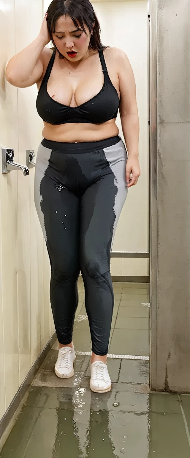 1woman,(masterpiece:1.8),photo-realistic,16k,(beautiful 30s japanese plump lady:1.3), (sports bra:1.4),(leggings:1.4),sneakers,(whimpering:1.6),(panicking:1.6),(crying:1.7),(public restroom:1.2),crowd,(wetting:1.3),(dripping pee:1.3),long hair,straight hair,black eyes,MILF,curvy,(huge breasts:1.2), makeup,lipstick,eyeliner,mascara,eyeshadow