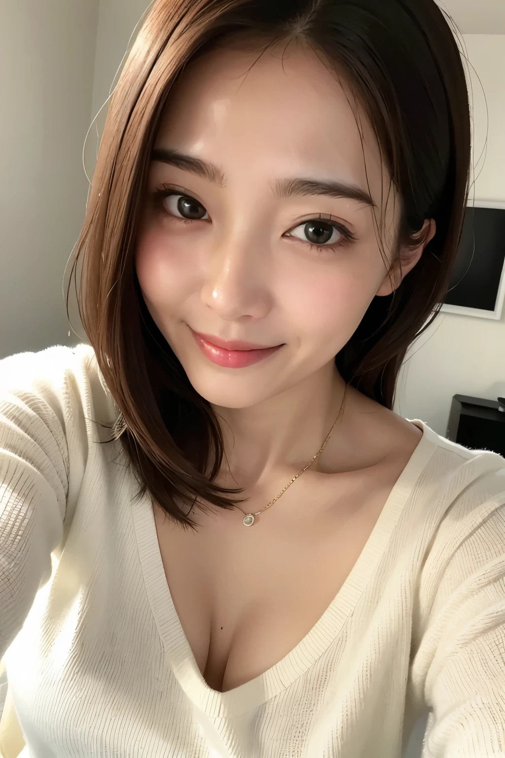 (Highest quality、Tabletop、8K、Best image quality、Award-winning works)、One 40-year-old woman、(Selfie:1.2)、[Large ]、Full of maternal love、The most elegant and graceful woman、kind、Slight smile、Very elegant knit sweater、(No makeup:1.2)、(Blurred background of the simplest cream colored apartment:1.1)、(Strongly blurred background:1.1)、(Close-up of face:1.2)、Accurate 、(Super bright and radiant skin:1.2)