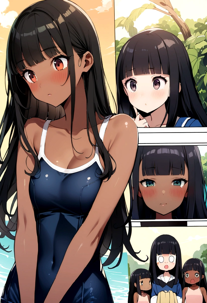 beach、School swimsuit、Sunburn、Tan Skin、Embarrassed、1 girl、Navy blue school swimwear、blunt bangs、Black Hair、super fine illustration,(((beautiful fine hair))),(((beautiful fine face))),(((beautiful fine background))),Midsummer、beachBlack Hair、blunt bangs、Cross-eyed