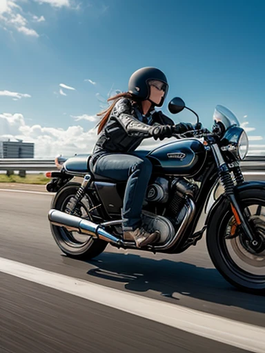 Future retro motorcycle speeding down the highway:1.7, (motion blur:1.2),