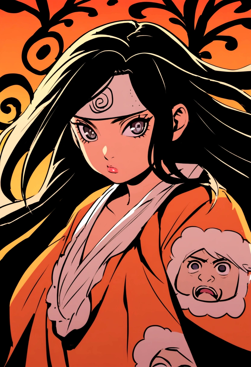 Naruto manga eslito, a girl with long hair with black bangs black eyes, mamga naruto drawing, focus on the eyes/muka, 12 year old girl, with a blouse with white slits 