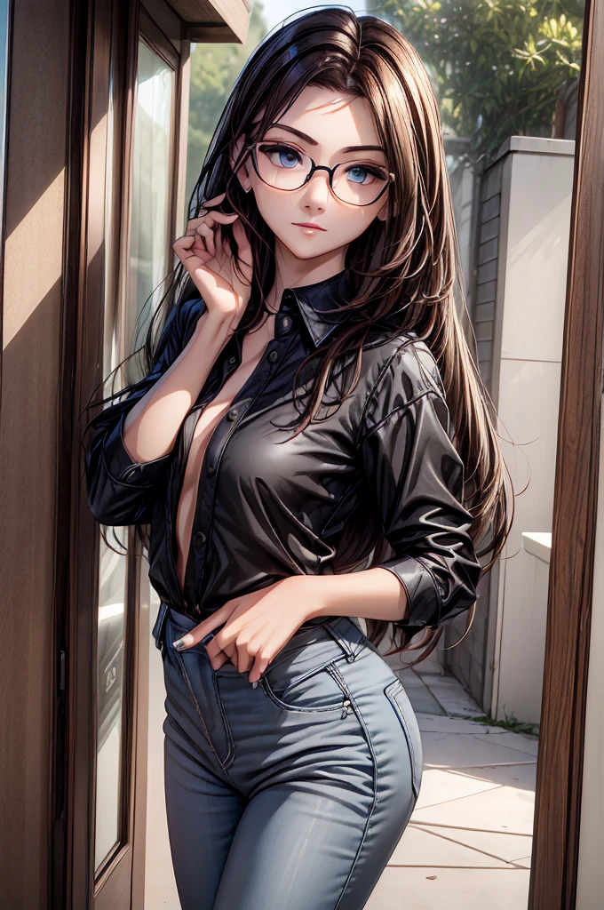 (masterpiece, best quality:1.2), detailed face, detailed eyes, elegant woman, long hair, high heeled,shiny skin,welcomes you at the door, Shirt, pants,random colar, ponitail hair,cool attitude,cool glasses,exciting,cool, perfect hand:1