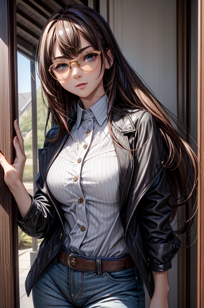 (masterpiece, best quality:1.2), detailed face, detailed eyes, elegant woman, long hair, high heeled,shiny skin,welcomes you at the door, Shirt, pants,random colar, ponitail hair,cool attitude,cool glasses,exciting,cool, perfect hand:1