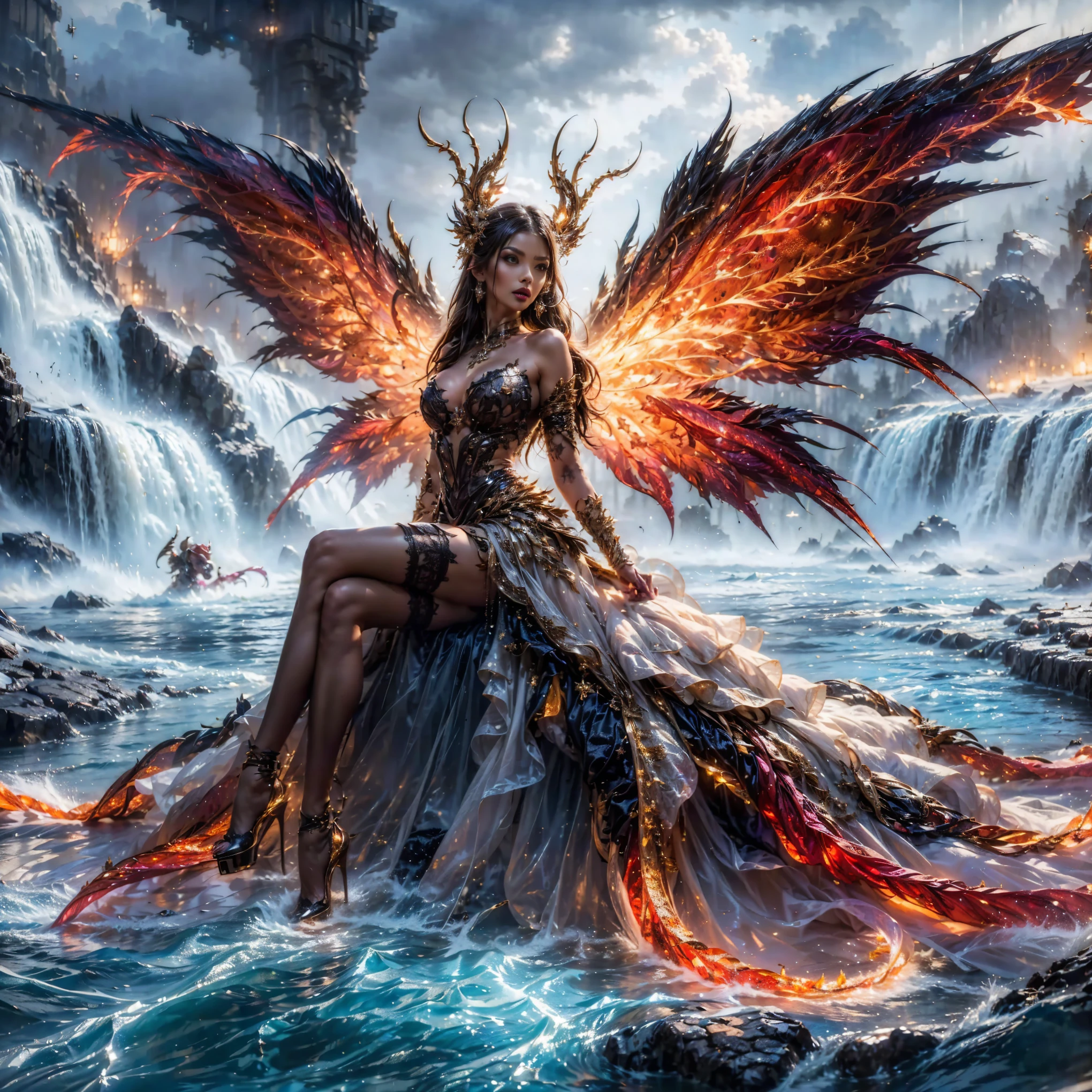 arafed woman with gigantic breast in a
Tight lightning steel dress in front of a volcano, wearing an ornate outfit, ornate dress, intricate dress, elegant fire dress, ornate and elegant, extravagant dress, inspired by Hedi Xandt, ornate attire, intricate outfit, ornate royal gown, ornate clothing, ornate gown, intricate and elegant, intricate detailed dress, ornate , high heels, royal dress, detailed hand,Beautifull fingers, full Fire in the body,full fire on the dress, lightning element, fire element, lightning wings,full water,Transparent clothing, fire ornament,masterpiece, best quality:1.2),,(8k,highres,RAW photo,realistic,photo-realistic:1.3),(detailed skin texture,detailed cloth texture,detailed fire texture, beautiful detailed face:1.25),professional lighting,photon mapping,beautiful soft light,radiosity,physically-based rendering,raytracing, model shoot style, model shoot style, (extremely detailed CG unity 16k Raw wallpaper), full shot body photo of the most beautiful artwork in the world, (NSFW), (Nude), (Naked), (Nipple)