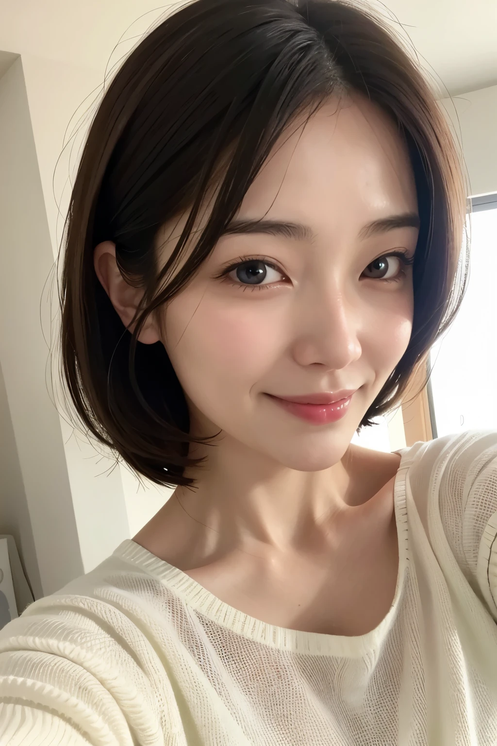 (Highest quality、Tabletop、8K、Best image quality、Award-winning works)、One 40-year-old woman、(Selfie:1.2)、[Large Breasts]、Full of maternal love、The most elegant and graceful woman、kind、Slight smile、Very elegant knit sweater、(No makeup:1.2)、(Blurred background of the simplest cream colored apartment:1.1)、(Strongly blurred background:1.1)、(Close-up of face:1.2)、Accurate anatomy、(Super bright and radiant skin:1.2)