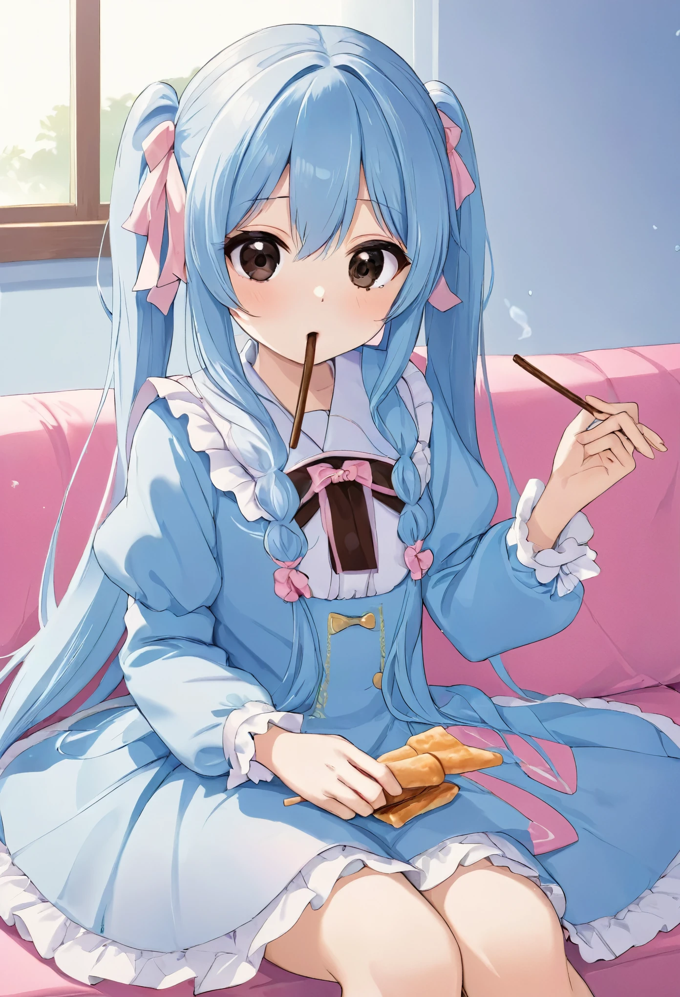 Light blue long hair、Twin-tailed Girl, black eye、Cute girl anime visuals, Anime Moe Art Style, Splash Art Anime Loli、2D Anime Style, Eating Pocky、Thin stick snacks、Cute Lolita Costume