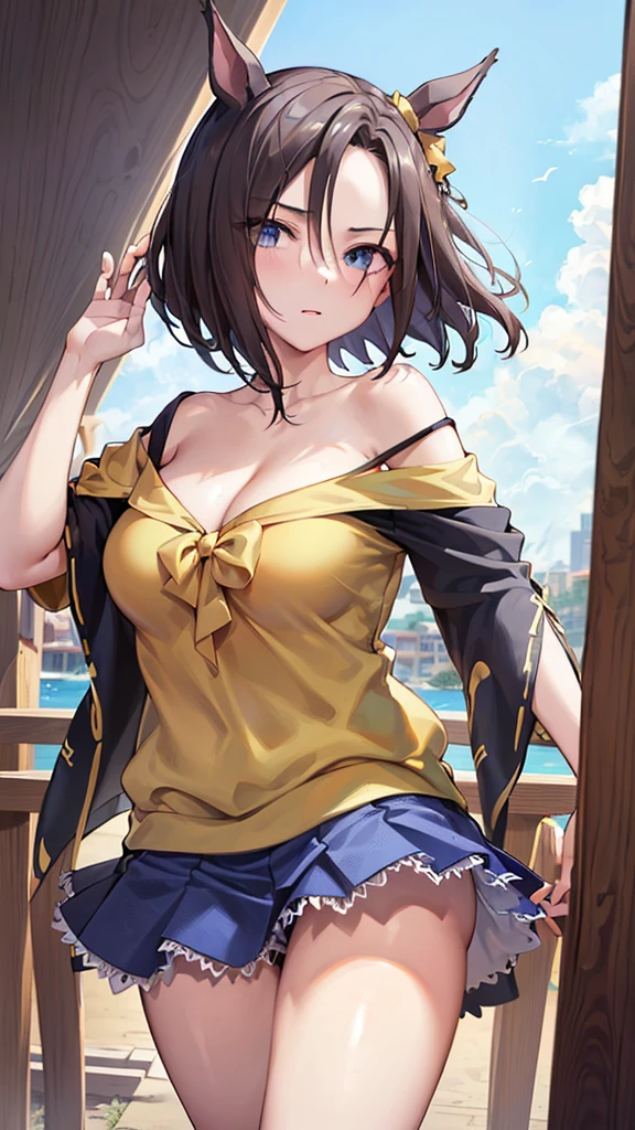 (((masterpiece))),(((High resolution)))、(((perfect face)))、(((Air Groove)))、, (((off shoulder, mini skirt))), Plump, top quality eyes, detailed texture, look at the camera, big tits, ((high resolution face))
