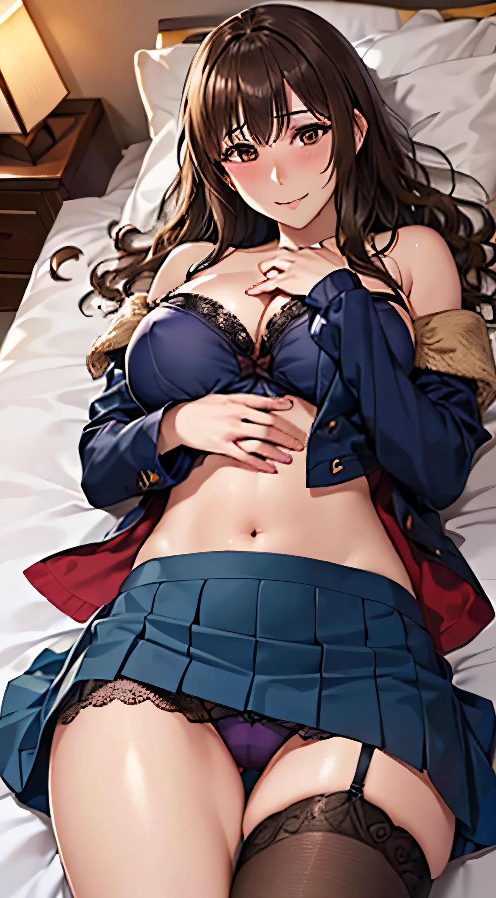 ((Tabletop, Highest quality, High resolution, , Pixel Perfect, 4K, ))), Beautiful woman,, alone, beauty、The whole body is visible、 (((Sexy Witch Cosplay), Long dark blonde wavy hair、Off-the-shoulder jacket,　Dark blue flared skirt、Black knee-high stockings、No bra、、Mid-wave hair, bangs, Brown Hair)), ((Brown eyes, Beautiful eyelashes, Realistic eyes)), ((Detailed face, Blushing:1.2)), ((Smooth texture:0.75, Realistic texture:0.65, Realistic:1.1, Anime CG Style)), Center of chest, Dynamic Angle, Perfect body, ((,)), 、、Very embarrassing panic smile, 、Princess Bedroom in Castle、On the bed、Lying in bed、look up、(, Touching the crotch with hands、、、、Nipples are slightly visible、Pink lace panties、)、Angle from below