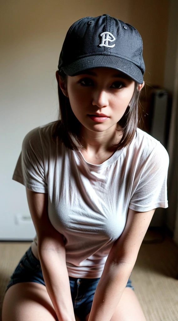 （best quaity，8K，32K，Masterpieces，super high definition：1.2）Japanese woman wearing a baseball cap，A delicate face full of face，White short sleeves