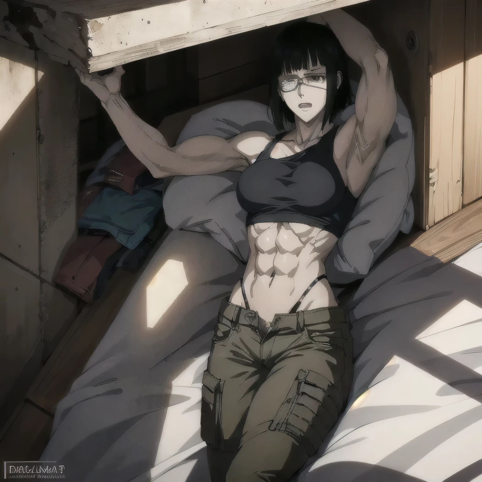 (best quality,ultra-detailed,realistic:1.37),musclaur badass girl  with sculpted body with preview her musclaur body and muscles, half review of the female character  face and body, intense expression, strong and confident posture, studio lighting, vivid colors, physiologically-based rendering, grungy texture, rugged background, dust particles in the air, commanding presence, professional, powerful, gritty aesthetics,,Valmet،short hair,Light reflection on shoulders،wearing military male  and midriff tank top, tattoos on shoulders،lying in bed,eyepatch,Shining muscles,Shining skin, muscles,sleeping,Valmet only1,leaning hand on neck,review from above, six-pack,Shining six-pack