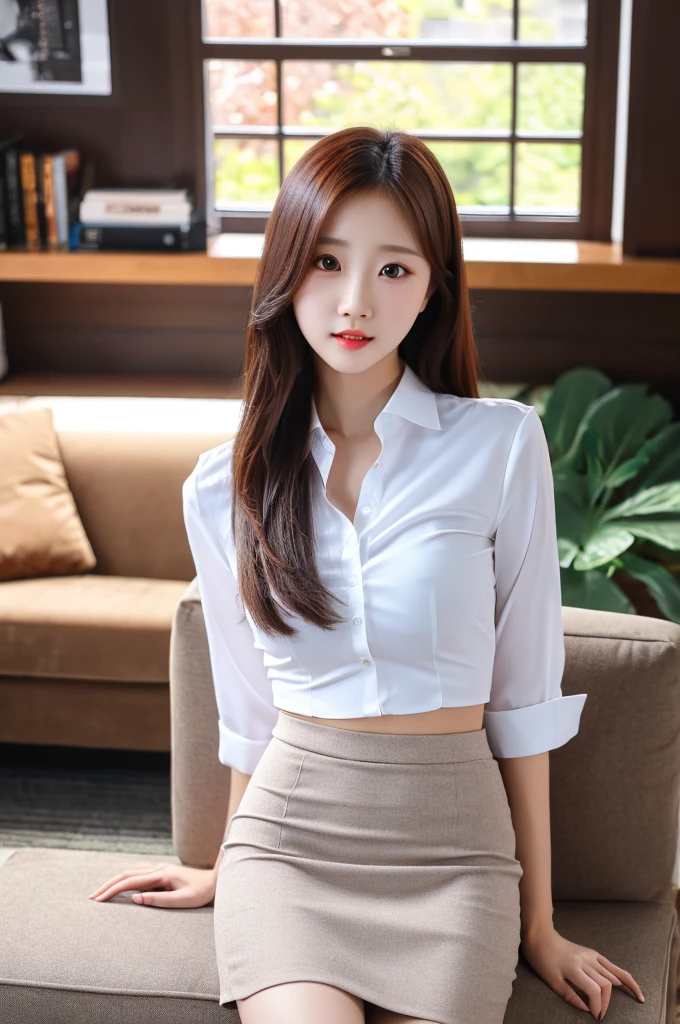 a 20 year old woman is the most beautiful actress in the world, the perfect proportions of her body, tight formal shirt is worn on her upper body and nothing is worn on her lower body but short skirt, her detailed genitals of her naked lower body, two pairs of her labia between her opened legs, her anus under her vagina, she is sitting on a sofa of the living room, nsfw, best quality, highly detailed, masterpiece, ultra high res, photo realistic, 8k