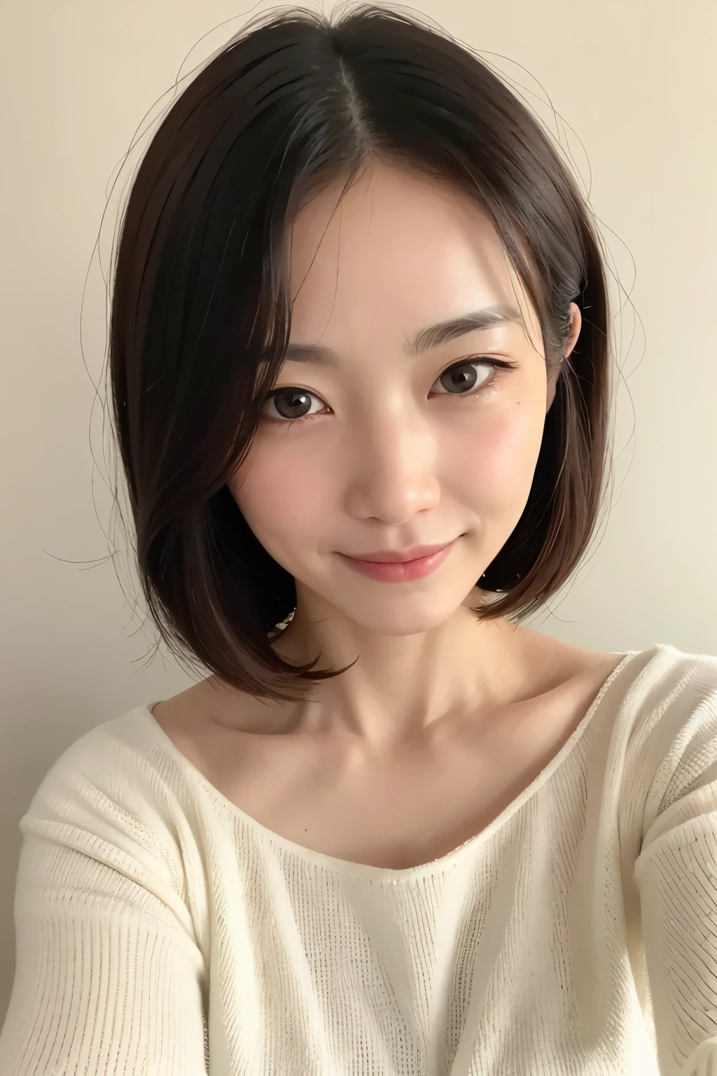 (Highest quality、Tabletop、8K、Best image quality、Award-winning works)、One 40-year-old woman、(Selfie:1.2)、[Large Breasts]、Full of maternal love、The most elegant and graceful woman、kind、Slight smile、Very elegant knit sweater、(No makeup:1.2)、(The simplest cream color background:1.5)、(Close-up of face:1.2)、Accurate anatomy、(Super bright and radiant skin:1.2)
