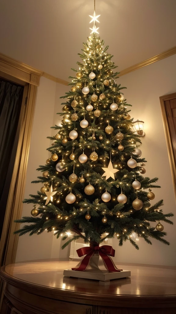 Create a high-quality photo, original, of a white Christmas tree decorated with golden stars.