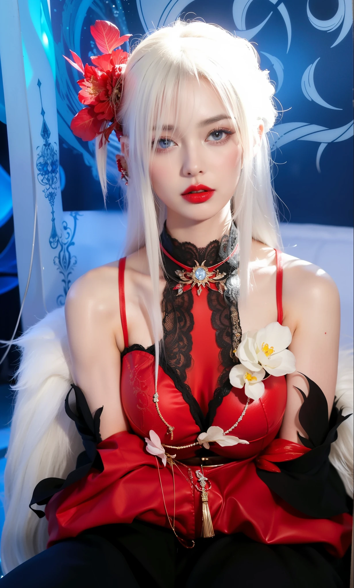 Royal princess,Super detailed, Delicate face, Stock Photography , Portrait 400, F1 Camera Lens.6, Colorful, Surrealism, Realistic textures, Dramatic Lighting, Thin Film Distiller 800 (8K, original photo, Better quality, masterpiece: 1.2), Super detailed, (Extremely delicate skin: 1.2), 8K 超高清, SLR camera, Soft Light, high quality.Fire Queen,Blue pupils,Apply red lipstick,Have a tattoo,The tattoo is very three-dimensional,Gorgeous and intricate tattoo designs,8K Mugshot,Large Breasts,Dark eyeshadow,Sexy thick lips(Red lipstick),Ice Princess,The facial features are very three-dimensional,