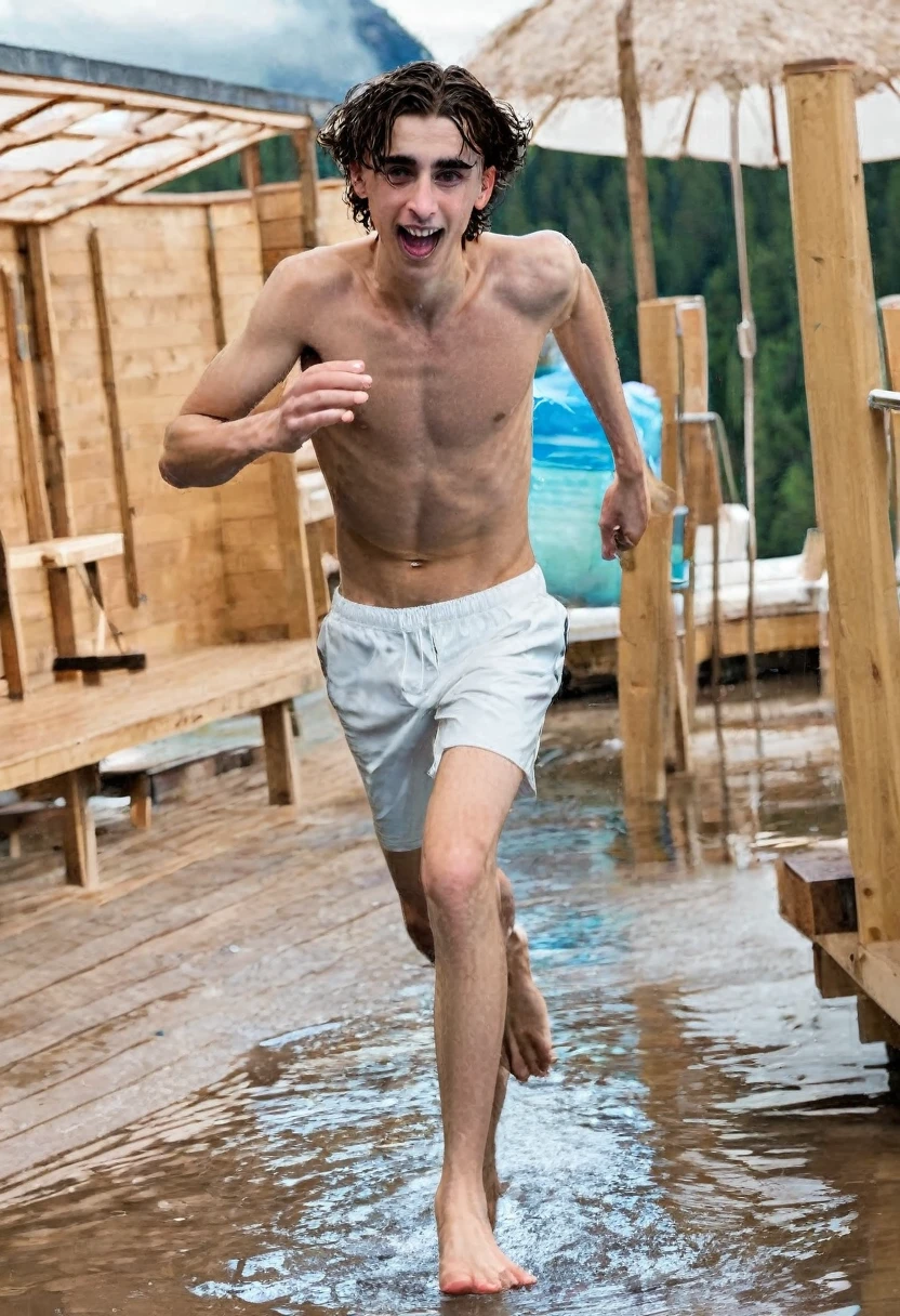 Timothée Chalamet, sweaty boy, in water, in finnish outside sauna, no clothing, far from camera, whole body, braces, age 19, wavy tiktok hair, boxer, bare feet, wearing no t-shirt topless, finnish outside sauna mountain, short fine armpit hair, flexing, veiny arms, cute, tall, lean, not muscular, wispy pubes, muscular teen masterpiece, high resolution, feet visible, no shoes, very dirty feet, skinny, tall, foot fetish, tall boy, teen boyaces, best quality, sticky armpit hair, sticky, glue on floor, wet floor, sticky clothes, drops on underwear, drops on shorts, sticky on shorts, drops on floor, sweaty face, sweaty hair, Dune by Herbert, Science fiction