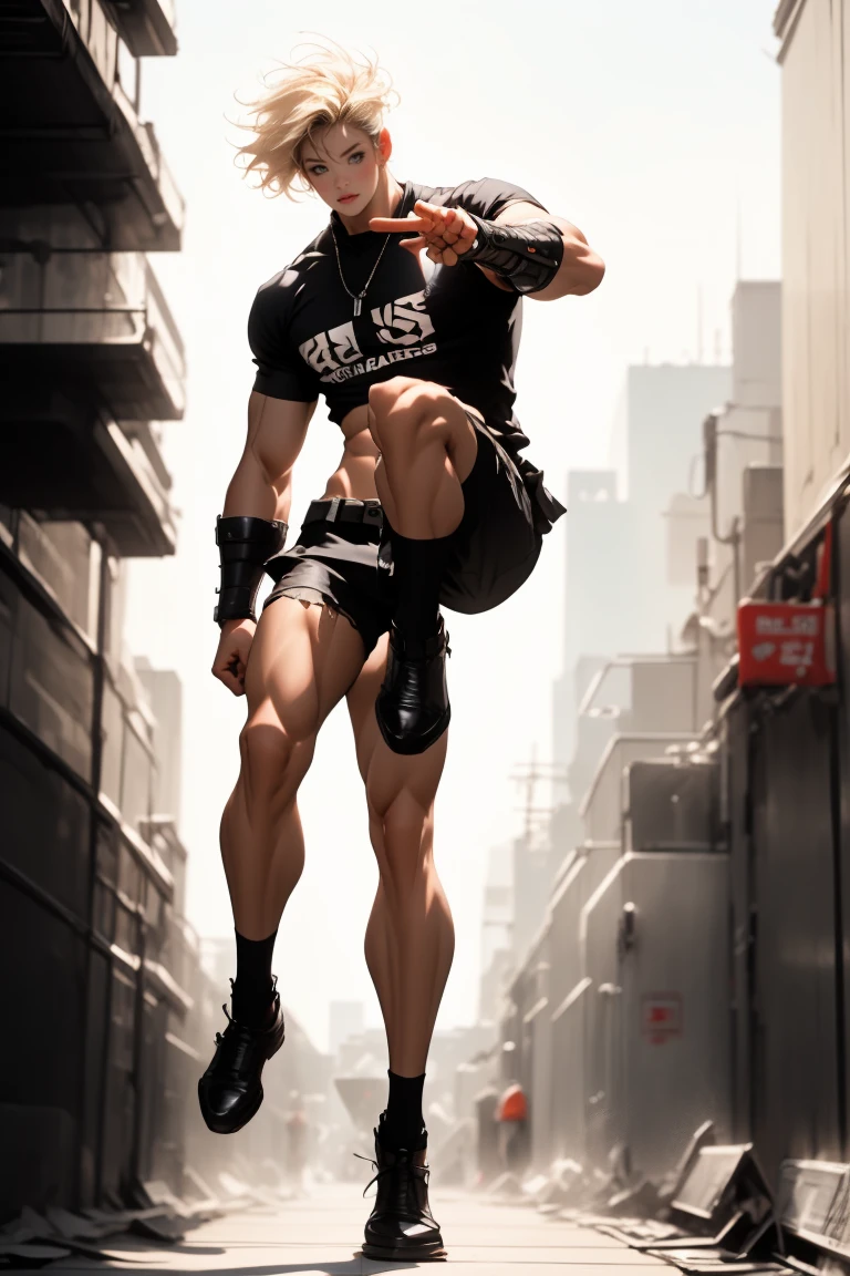 Ultra-realistic CG K ,((premium、8k、32k、Masterpiece、NFFSW:1.3)), (superfine illustration)、(super high resolution), (((adult body))), (((ung man:1.5))), ((( modern short hair))), 25 year old cyberpunk gladiator with perfect body, Shoulder pads with metal spikes., Gladiadores in Brooklyn, (( short hair bob )), Torn rugby team t-shirt, Almost naked in the wild urban style of Simon Bisley, short blonde hair, minimal clothing, Metallic protection on the left arm with complex graphics....., Dark red with white stars and blue and white stripes.,(( dynamic action pose:1.5)), armor, Full of spikes and rivets., poison tattoo (((Image from the knee up))), short white blonde hair, In the background、 There is a wall with an intricate design painted by Shepard Fairey.....