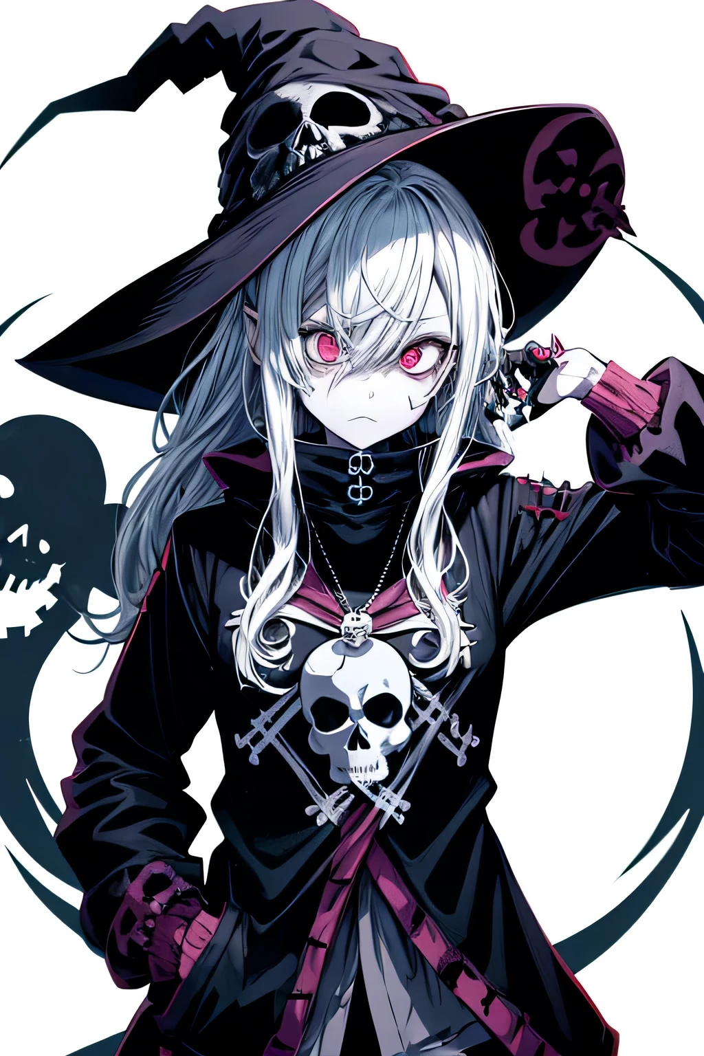 Anime Zombie Witch Design, Crossbones, skull, Streetwear-Design, Pro-Vector, Horror-Stil, Complete design, Only 6 colors, solid colors, no shadows, Complete design, sticker, bright colors, White background.