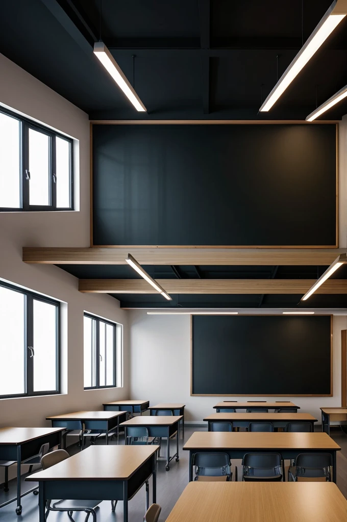 Generates a 30x30 classroom with LED lighting seen from a middle perspective towards the blackboard