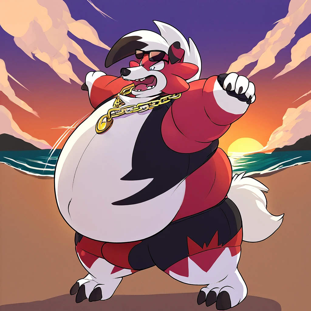 score_9_up, solo, male Lycanroc, anthro, male, pokemon, pokemon \(species\), generation 1 pokemon, sunglasses on head, chain necklace, chain cuffs, shouting, excited, beach, inflated arms, inflated legs, body inflation