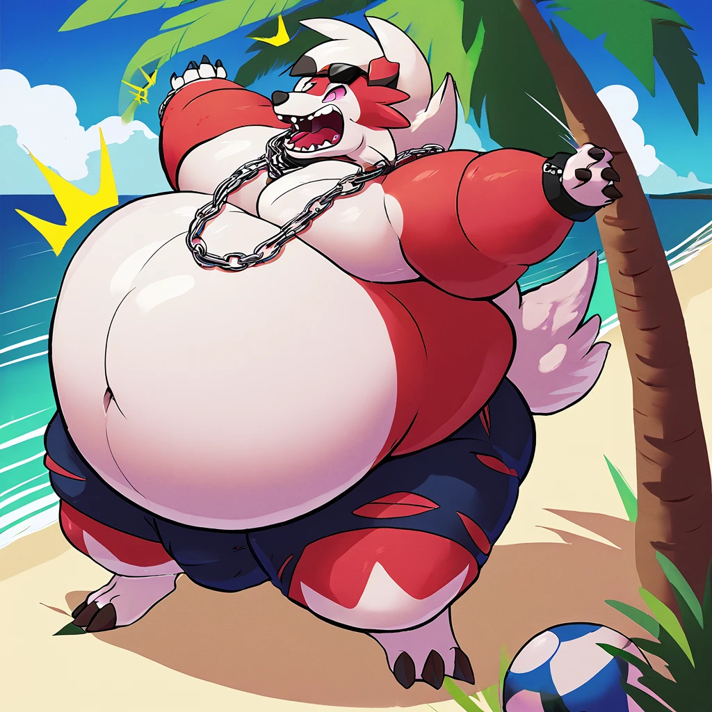 score_9_up, solo, male Lycanroc, anthro, male, pokemon, pokemon \(species\), generation 1 pokemon, sunglasses on head, chain necklace, chain cuffs, shouting, excited, beach, inflated arms, inflated legs, body inflation