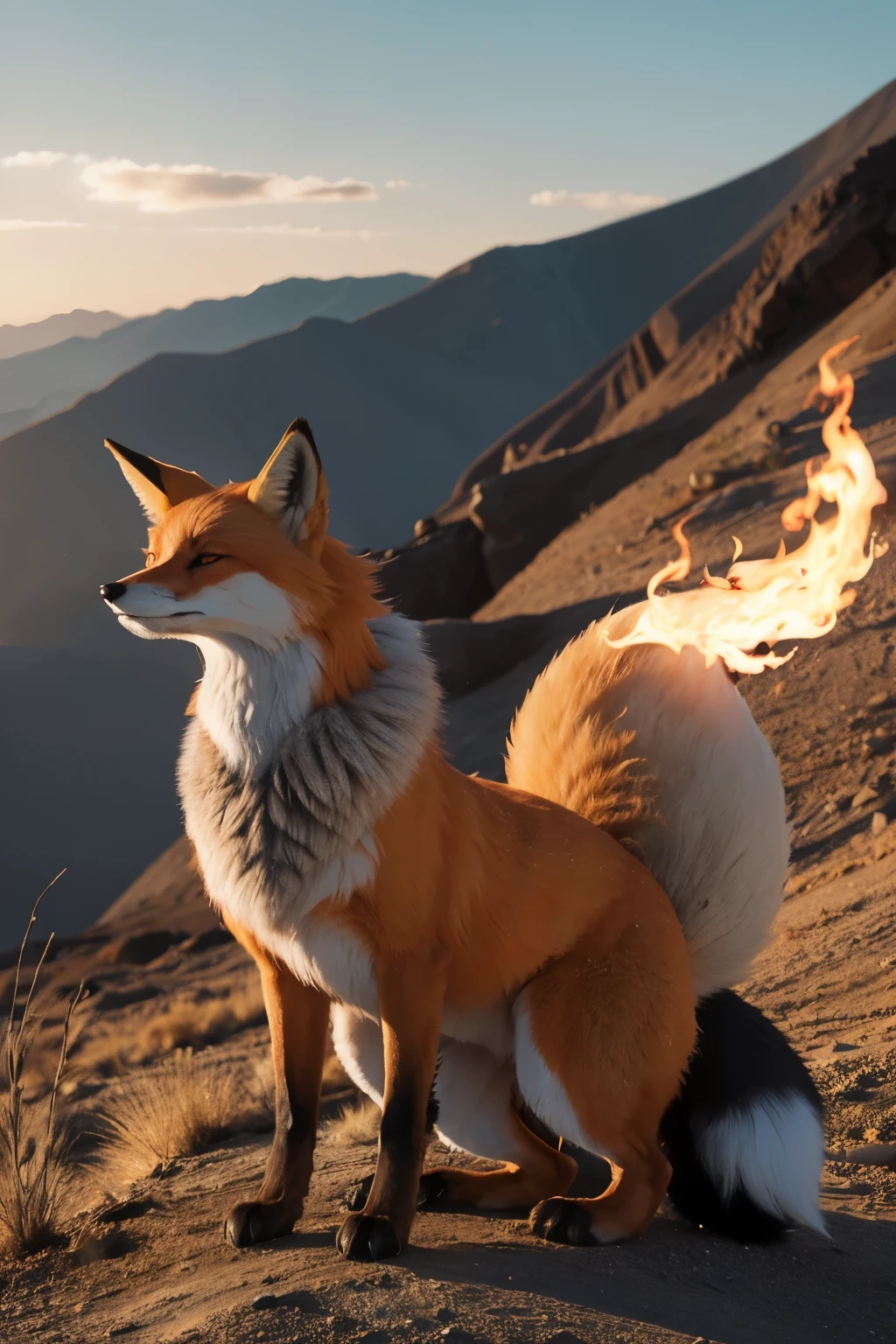 make a fox with nine tails on top of a hill breathing fire from its mouth
