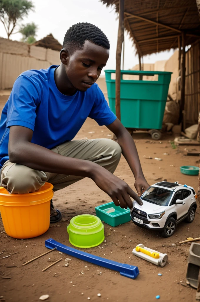 An African boy creating a plastic car 