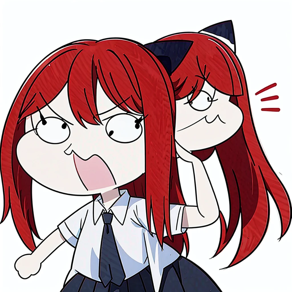 1girl ,angry face,white shirt,short sleeves,(black standard tie),white school skirt,(red hair),long hair,fox ears,(white background, line drawing),sketch,open mouth,chibi