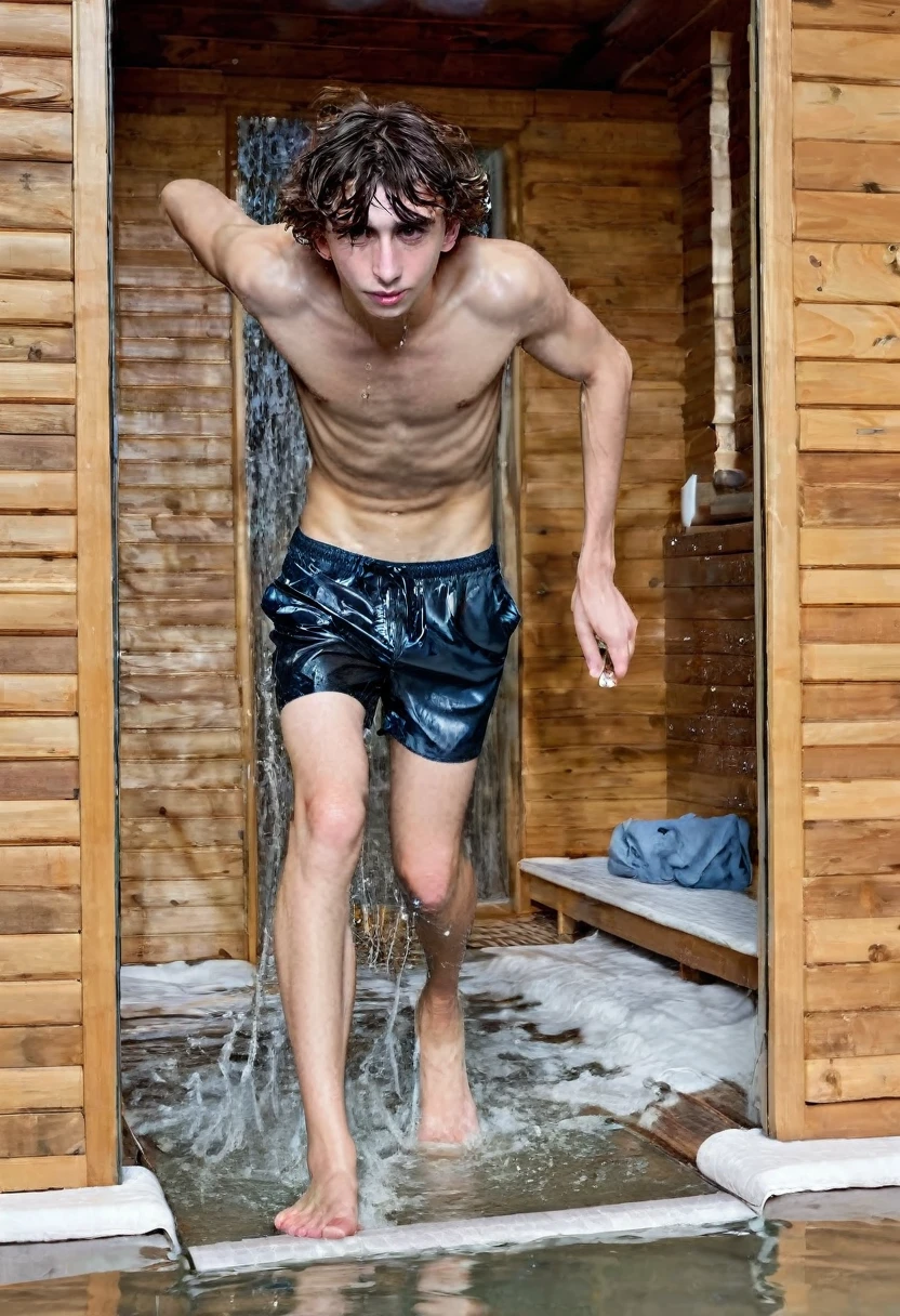 Timothée Chalamet, sweaty boy, in water, in finnish outside sauna, no clothing, far from camera, whole body, braces, age 19, wavy tiktok hair, boxer, bare feet, wearing no t-shirt topless, finnish outside sauna mountain, short fine armpit hair, flexing, veiny arms, cute, tall, lean, not muscular, wispy pubes, muscular teen masterpiece, high resolution, feet visible, no shoes, very dirty feet, skinny, tall, foot fetish, tall boy, teen boyaces, best quality, sticky armpit hair, sticky, glue on floor, wet floor, sticky clothes, drops on underwear, drops on shorts, sticky on shorts, drops on floor, sweaty face, sweaty hair, Dune by Herbert, Science fiction