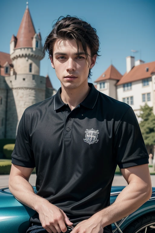 Create a design like a logo on a polo shirt, This logo must have as a reference a castle and a person on a motorcycle, give me different and good options