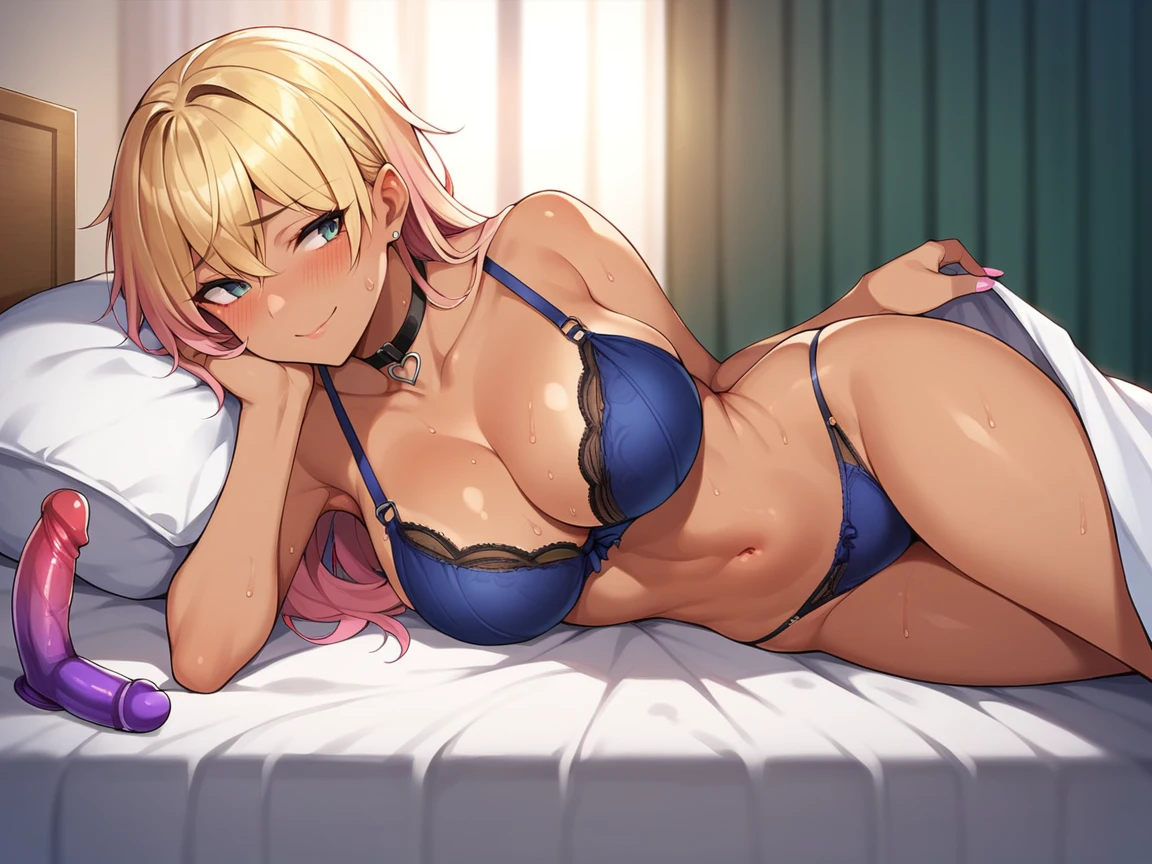 score_9, score_8_up, score_7_up, 1girl, solo, indoors, bedroom, tomboy, shy, blush, gyaru, standing, choker, looking to the side, big breasts, wide hips, medium long hair, (blush), tall, lying in bed, legs coverd with blanket, view from side, shy smile, lazing around on a bed, on top of a bed, thick pubic hair, (dildo), wearing bra, panties, sweat, multiple sextoys lying on bed,