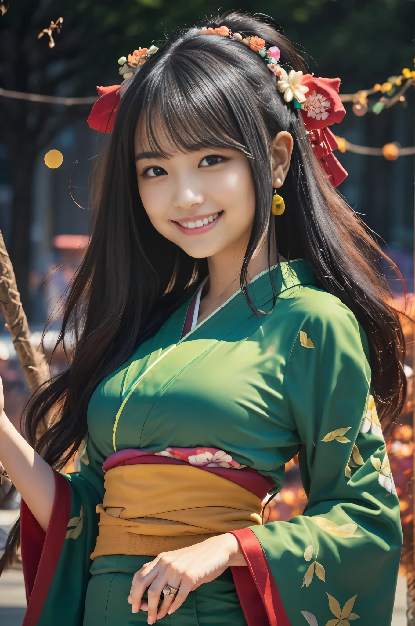 （8K、Raw photography、Highest quality、masterpiece：1.2),(Black Hair、Dark Eyes:1.9),(Green kimono:1.6)、View your viewers,Front view,White skin,(:1.3)、(Tight waist:1.6)、(Clothes that accentuate the shape of the breasts:1.0)、(Big Breasts :1.3)、Slim figure、Ultra-high resolution,beautiful,beautiful fece,(One person、No background:1.9),whole body,Japanese women,（reality的：1.37）、Photon Mapping,reality、(Baby-faced and cute: 1.2)、(Cute Smile: ound face: adio City、Physically Based Rendering、Depth of field rally background、photograph, (:1.8),（:1.6）、Great quality