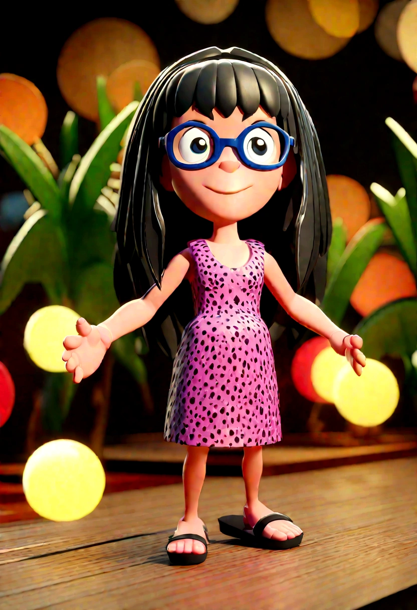 Cartoon character of a woman with dark skin and straight black hair with gray square glasses and a leopard dress and black flip-flops taking care of plants, animation character, stylized character, animation style rendering, 3d stylized, Arnold Maya rendering, Stylized 3D rendering, toon render screenshot, 3d character, 3d character, Stylized 3D rendering, 3D character rendering, cartoon character, Personagem de close up, character posing, (Pixar-style) (master part:1.2) (bokeh) (best qualityer) (skin detailed) (detailed texture) (8K) (Argilla) (cinematic lighting) (sharp focus