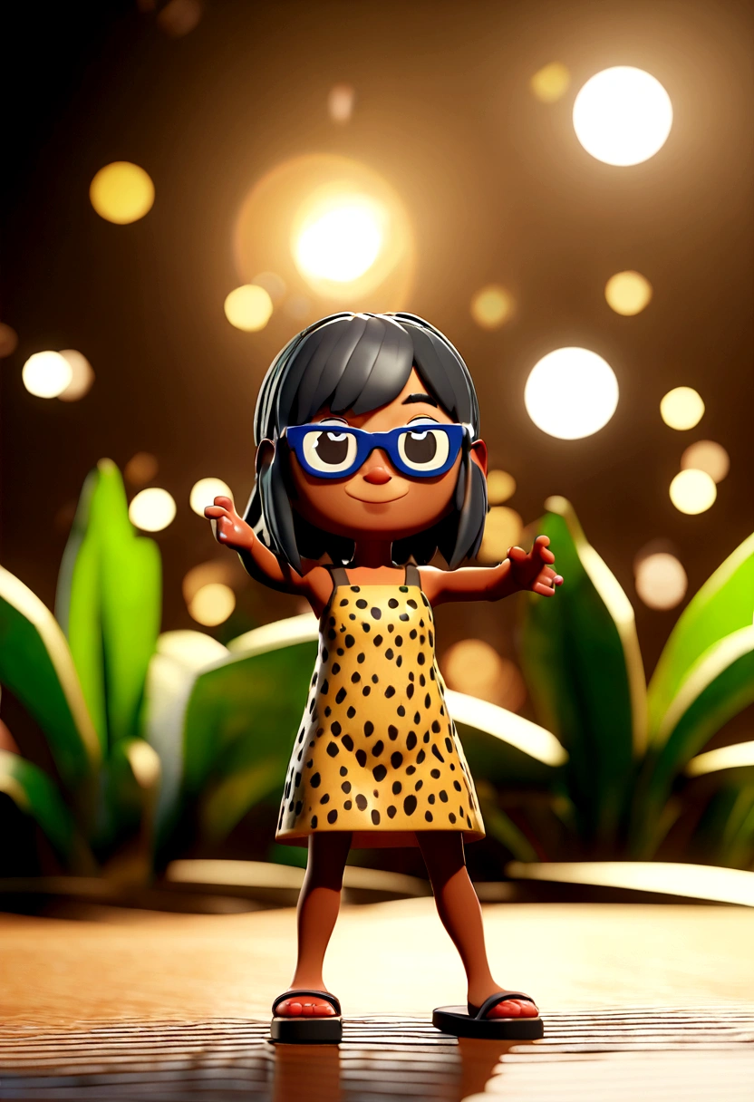 Cartoon character of a woman with dark skin and straight black hair with gray square glasses and a leopard dress and black flip-flops taking care of plants, animation character, stylized character, animation style rendering, 3d stylized, Arnold Maya rendering, Stylized 3D rendering, toon render screenshot, 3d character, 3d character, Stylized 3D rendering, 3D character rendering, cartoon character, Personagem de close up, character posing, (Pixar-style) (master part:1.2) (bokeh) (best qualityer) (skin detailed) (detailed texture) (8K) (Argilla) (cinematic lighting) (sharp focus
