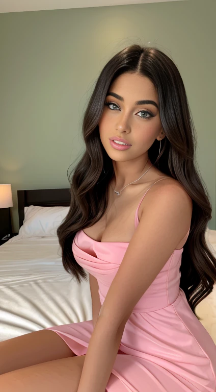 A close-up of a woman in a green dress sitting on a bed, portrait of Medium pink, Medium pink, portrait Medium pink, clear portrait of Medium pink, Violet Myers, she has olive skin, angelablanca, Amazing beauty, Amazing beauty, Taweel-tanned Ameera, seductive lady, She is wearing a dark green dress