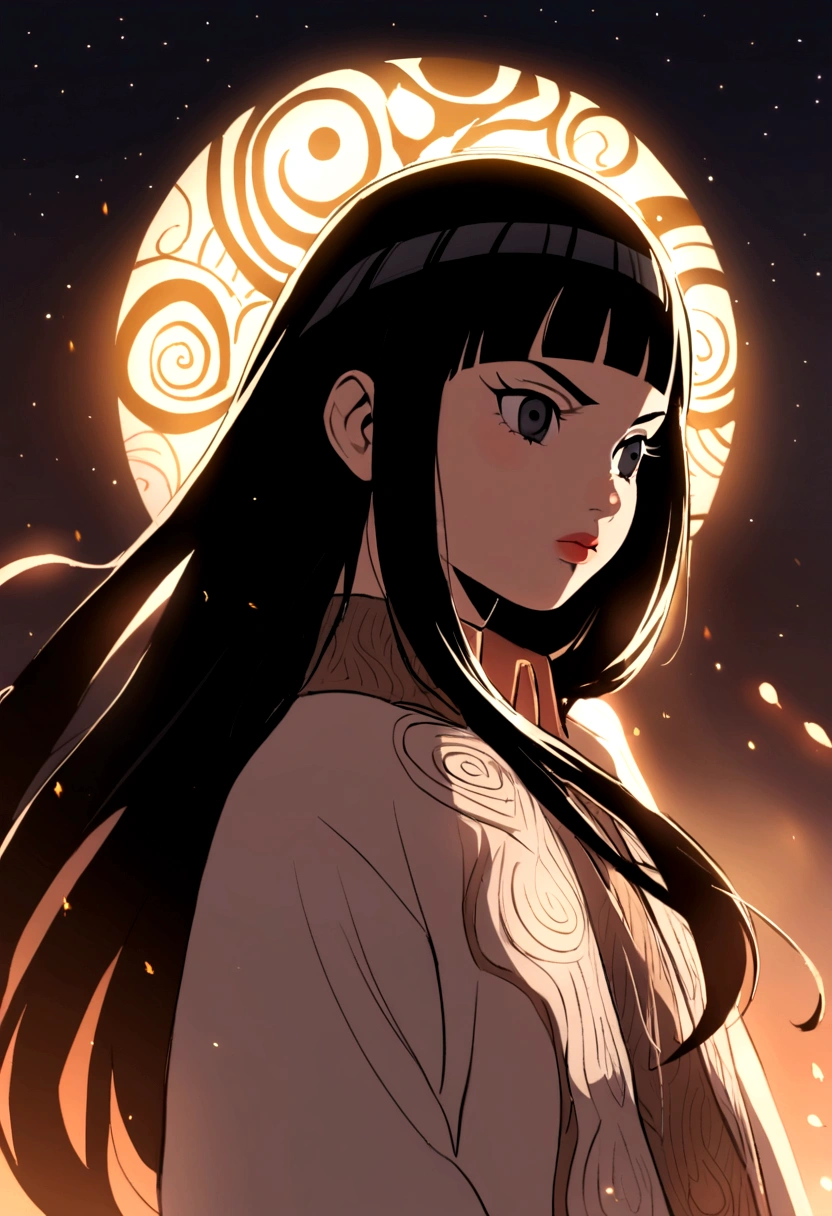Naruto manga eslito, a girl with long hair with black bangs black eyes, mamga naruto drawing, focus on the eyes/muka, 12 year old girl, outfit similar to hinata&#39;s in the last