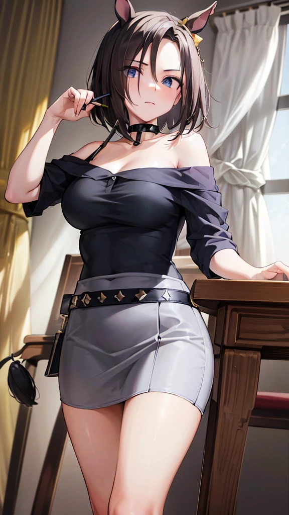 (((masterpiece))),(((High resolution)))、(((perfect face)))、(((Air Groove)))、15 years old, (((off shoulder, mini black pencil skirt))), Plump, top quality eyes, detailed texture, look at the camera, big tits, ((high resolution face))
