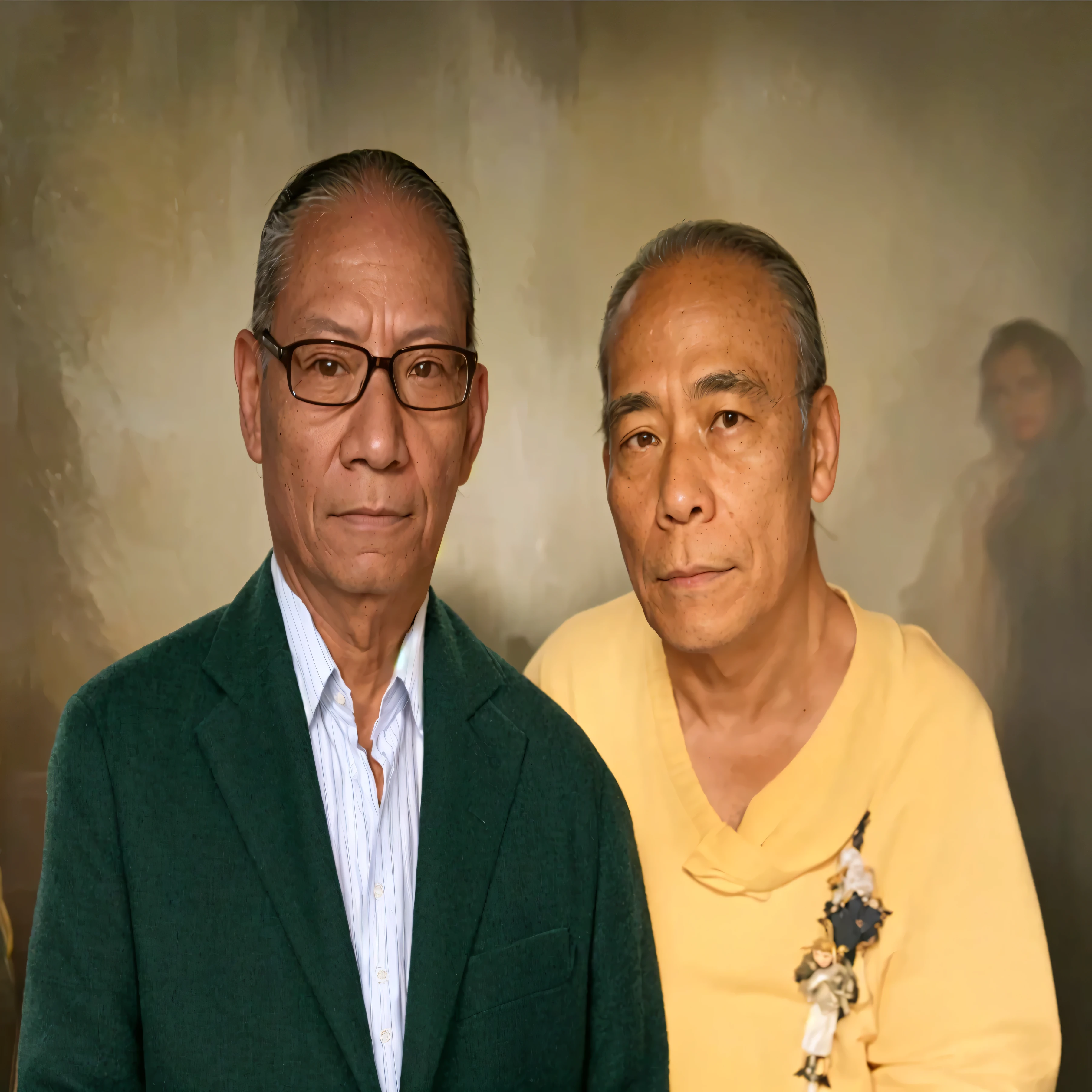 there are two people standing next to each other in a studio, portrait of two people, fujita goro and jones, portrait n - 9, bowater charlie and brom gerald, portrait picture, momma and papa, couple, portrait image, photo portrait, full protrait, jose miguel roman frances, taken in the early 2020s, ceremonial portrait