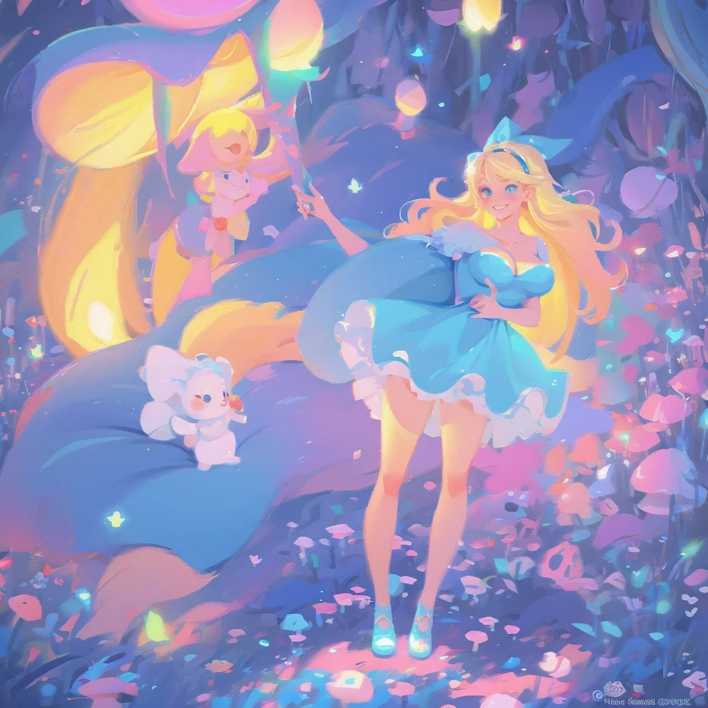 a beautiful 20 year old blonde woman with big messy hair in a blue dress, white stockings, black headband, cleavage, holding a glowing mushroom, fantasy art style, rossdraws cartoon vibrant, alice in wonderland cyberpunk, cute detailed digital art, colorfull digital fantasy art, digital fantasy art ), glossy digital painting, rossdraws pastel vibrant, rossdraws 2. 5, rossdraws 1. 0