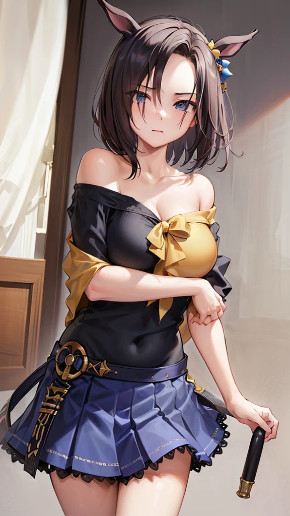 (((masterpiece))),(((High resolution)))、(((perfect face)))、(((Air Groove)))、, (((off shoulder, mini black tight skirt))), Plump, top quality eyes, detailed texture, look at the camera, big tits, ((high resolution face))
