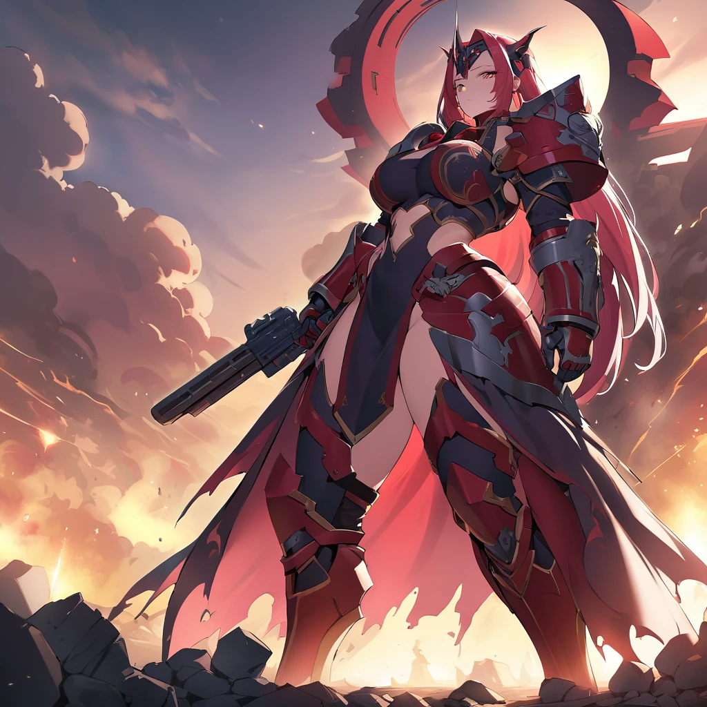 Title: Apocalyptic Empress - Battle Sister of the Furious Anthro Goddess Medium: Warhammer 40k Inspired 8K Anime Digital Art Style Description: This epic fantasy masterpiece showcases a Battle Sister, an embodiment of divinity and combat prowess, standing tall amidst a chaotic battlefield. Her anthropomorphic form, imbued with goddess-like features, is a visual testament to the convergence of the divine and the mortal. With her furious gaze fixed on the horizon, she is poised for battle, the thunder power rifle gripped firmly in her hands. Her space marine armor, perfectly rendered in this
