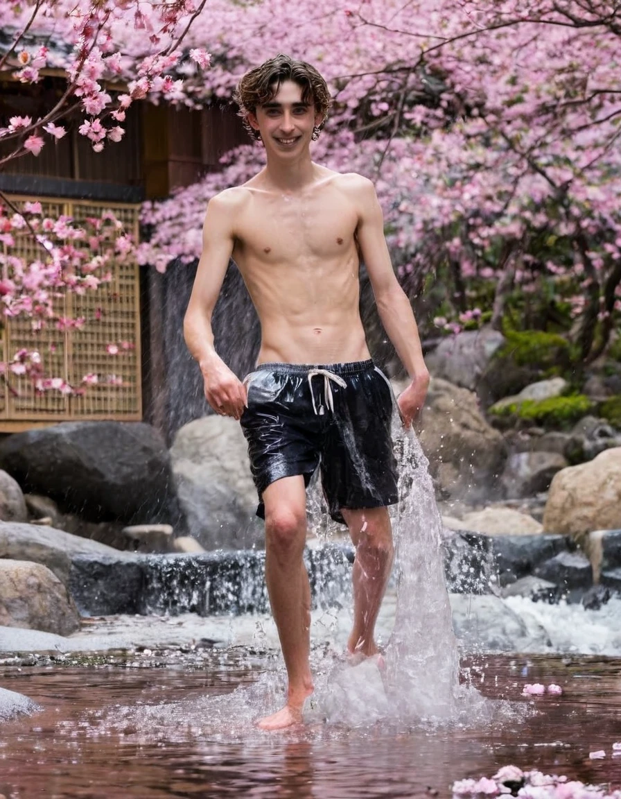 Timothée Chalamet, sweaty  boy, in water, in japanese sakura cherry blossom onsen, no clothing, far from camera, whole body, braces, age 19, wavy tiktok hair, boxer, bare feet, wearing no t-shirt topless, japanese onsen temple, short fine armpit hair, flexing, veiny arms, cute, tall, lean, not muscular, wispy pubes, muscular teen masterpiece, high resolution, feet visible, no shoes, very dirty feet, skinny, tall, foot fetish, tall boy, teen boyaces, best quality, sticky armpit hair, sticky, glue on floor, wet floor, sticky clothes, drops on underwear, drops on shorts, sticky on shorts, drops on floor, sweaty face, sweaty hair, Dune by Herbert, Science fiction