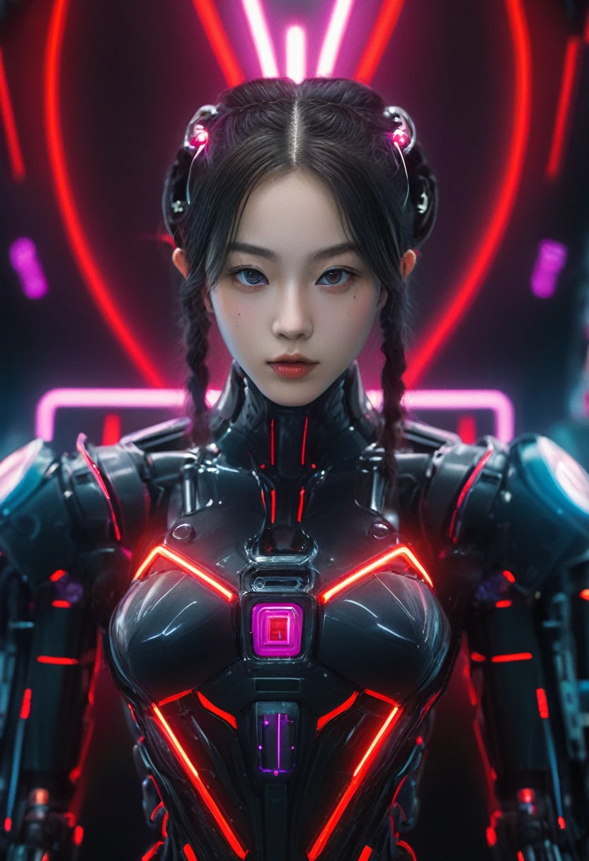 xxmixgirl. Highly detailed professional 35mm film, bokeh, face in sharp focus. A robotic female, Miku, with ((metal skin)), ((perfect Asian eyes)) with magenta irises and ((black pupils)), beautiful serious (detailed face), 18 year old ((photorealistic face)), very long magenta twin tails of magenta hair, twin black hair ties with a single red stripe. She may have a black audio headpiece. We can see her ((full body)) down to her boot soles. Her outfit is a sleeveless collared light grey shirt, outlined in red around the frilled collar and hems. Shiny reflective ((metallic breast cups, dimpleless)), invisible nipples. She wears black sleeves with red hems that start around her upper arm and bellow out as the sleeves open and extend to her wrists, with wide trumpet red rimmed cuffs. She has perfect robotic (detailed hands). She wears a red colored tie with two horizontal solid parallel black lines halfway across. She wears a fabric black skirt with a horizontal red hem at the bottom all the way around; her (((black skirt wraps around her))) and ((her skirt completely covers)) her robotic waist and thighs. Tall black boots with red bottom soles, a red rim around the top at her thighs. Her mechanical shoulder joints are visible. We can see her robotic legs and robotic neck. Half of her is covered with shiny polished machinery. The background is a distant dark neon futuristic Japanese city, gold, cyan, violet neon, near harbor or mountains.