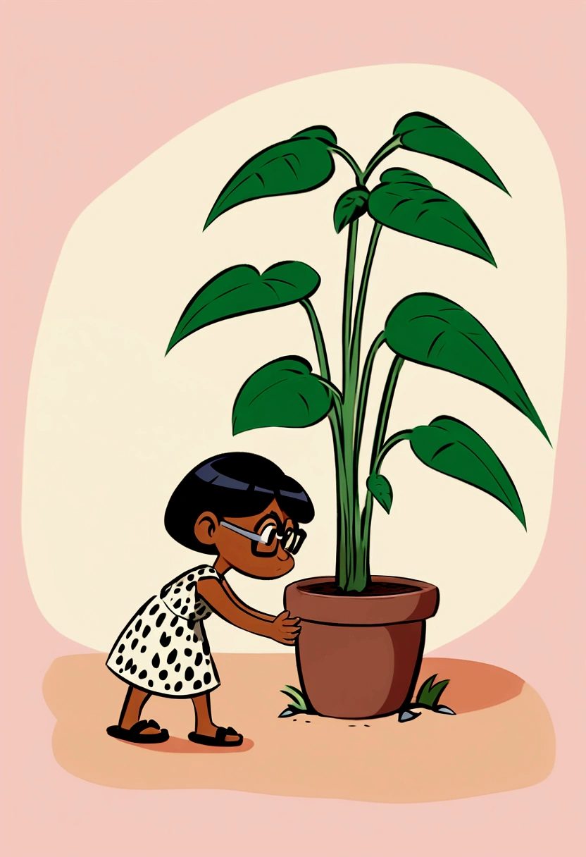 Cartoon character of a woman with dark skin and straight black hair with gray square glasses and a brown and white leopard dress and black flip-flops taking care of plants, Disney Pixar Style Animation Character