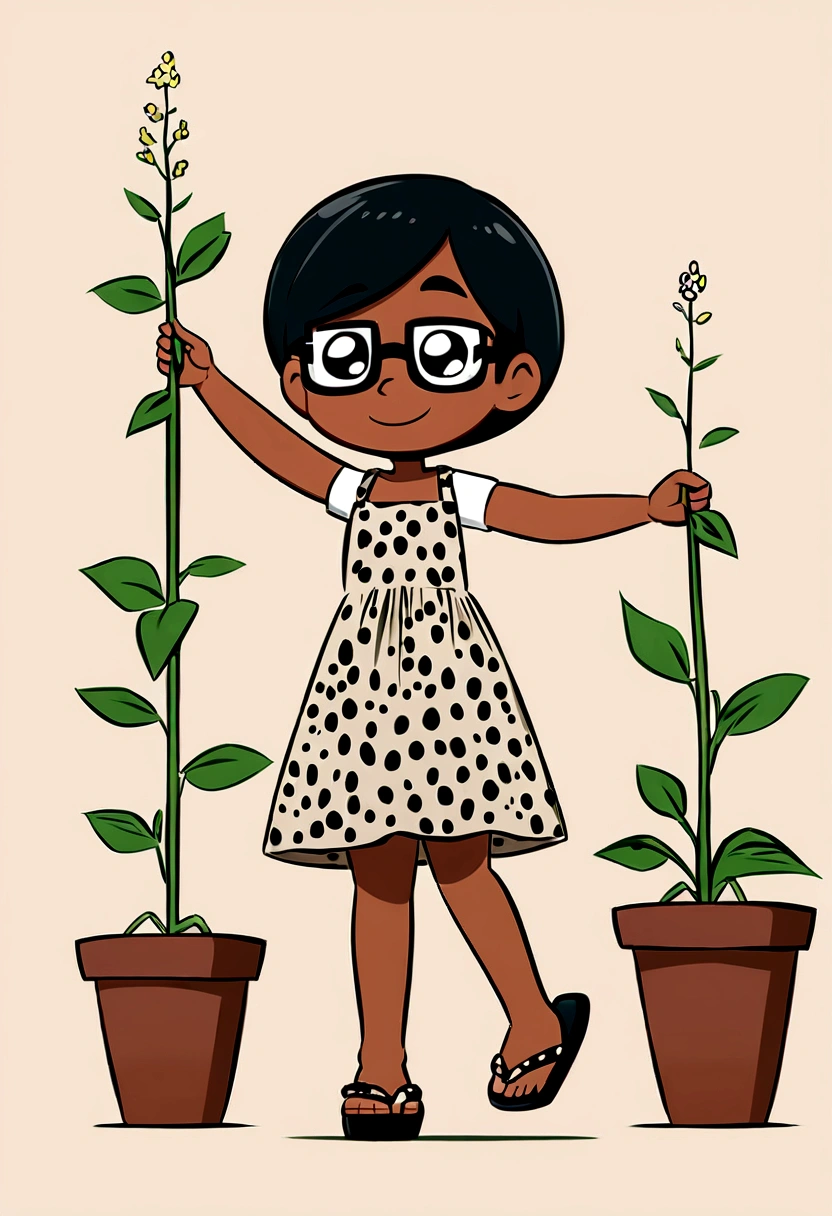 Cartoon character of a woman with dark skin and straight black hair with gray square glasses and a brown and white leopard dress and black flip-flops taking care of plants, Disney Pixar Style Animation Character