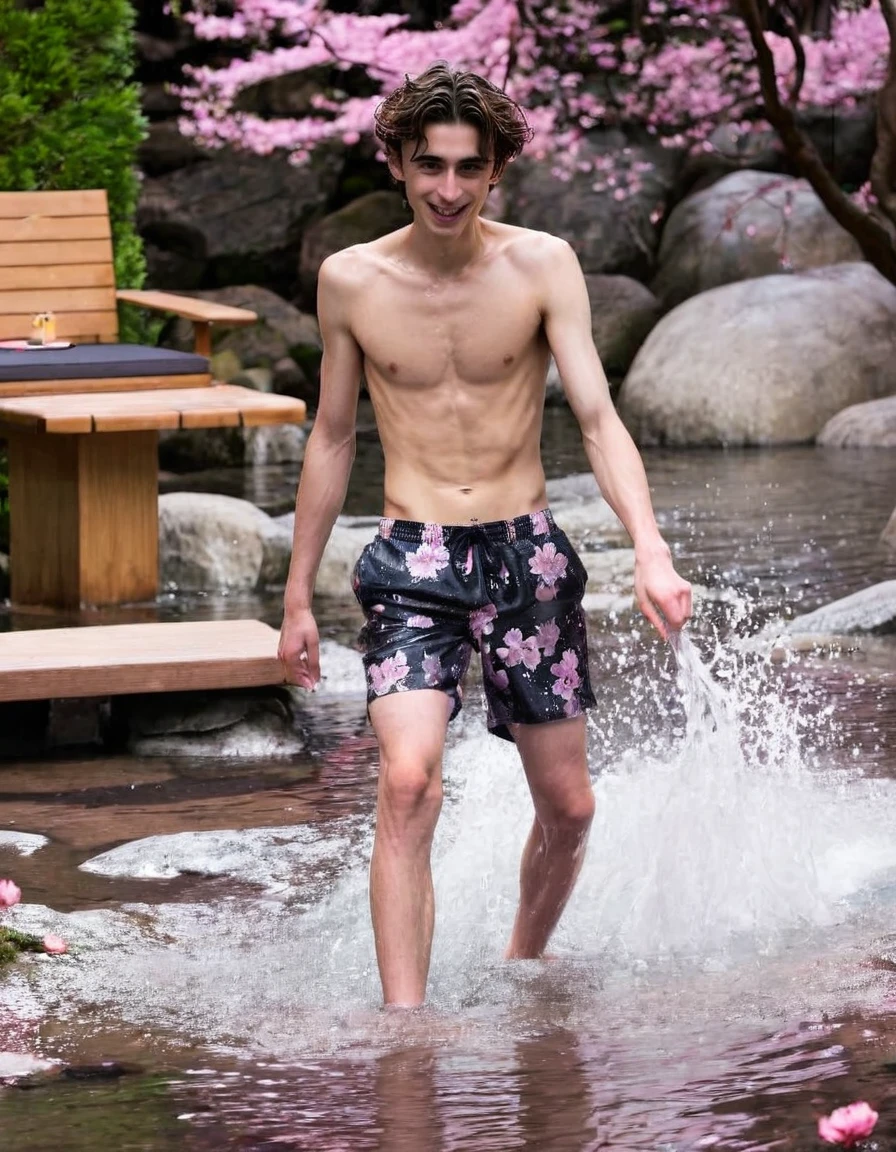 Timothée Chalamet, sweaty boy, in water, in japanese sakura cherry blossom onsen, no clothing, far from camera, whole body, braces, age 19, wavy tiktok hair, boxer, bare feet, wearing no t-shirt topless, japanese onsen temple, short fine armpit hair, flexing, veiny arms, cute, tall, lean, not muscular, wispy pubes, muscular teen masterpiece, high resolution, feet visible, no shoes, very dirty feet, skinny, tall, foot fetish, tall boy, teen boyaces, best quality, sticky armpit hair, sticky, glue on floor, wet floor, sticky clothes, drops on underwear, drops on shorts, sticky on shorts, drops on floor, sweaty face, sweaty hair, Dune by Herbert, Science fiction