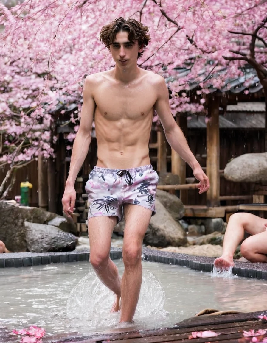 Timothée Chalamet, sweaty  boy, in water, in japanese sakura cherry blossom onsen, no clothing, far from camera, whole body, braces, age 19, wavy tiktok hair, boxer, bare feet, wearing no t-shirt topless, japanese onsen temple, short fine armpit hair, flexing, veiny arms, cute, tall, lean, not muscular, wispy pubes, muscular teen boy masterpiece, high resolution, feet visible, no shoes, very dirty feet, skinny, tall, foot fetish, tall boy, teen, braces, best quality, sticky armpit hair, sticky, glue on floor, wet floor, sticky clothes, drops on underwear, drops on shorts, sticky on shorts, drops on floor, sweaty face, sweaty hair, Dune by Herbert, Science fiction