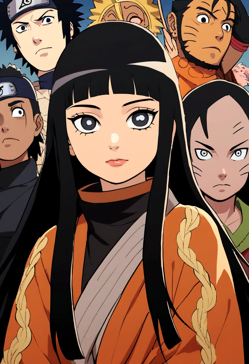 Naruto manga eslito, a girl with long hair with black bangs black eyes, mamga naruto drawing, focus on the eyes/muka, 12 year old girl, outfit similar to hinata&#39;s in the last