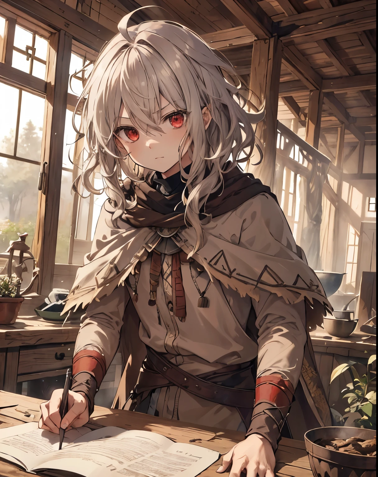 masterpiece, 1men, sparrow, a silver  haired men, wearing a villager clothes, curly medium hair, messy hair, slim body, wearing brown capelet, he close her left eye, shirt ornament, serious expression, red eyes, stand at forest, ahoge, adult body, serious face